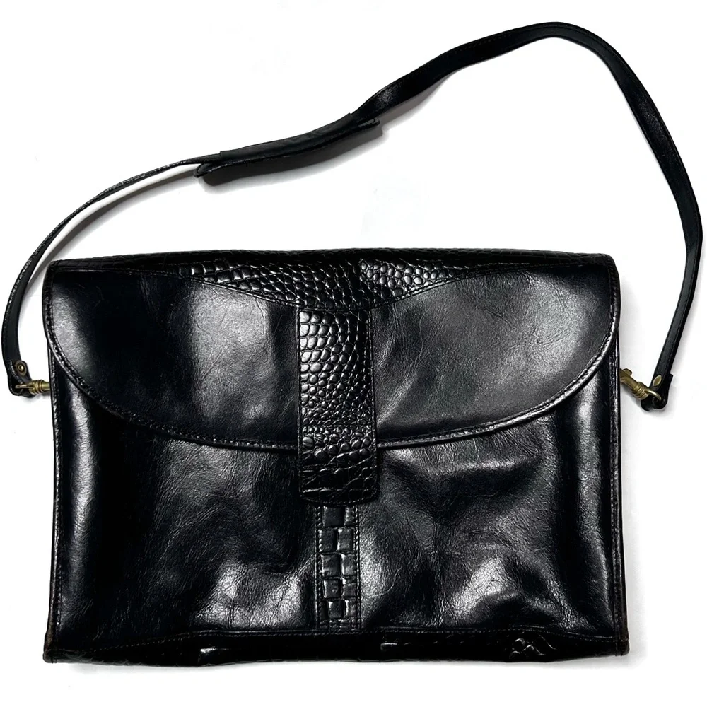 Leather Briefcase Satchel Black Men’s Work Shoulder Bag Crocodile Baggagio